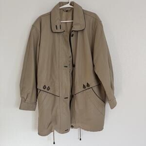 Vintage 80’s European Tan 100% Leather Oversized Jacket with Black Trim Size L